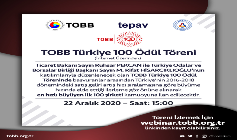 TOBB TÜRKİYE 100 TÖRENİ DÜZENLENECEK