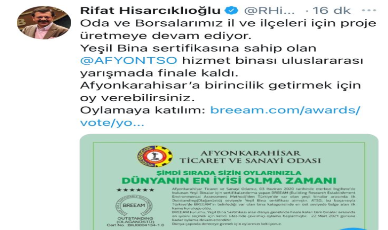 YEŞİL BİNA OYLAMASINA HİSARCIKLIOĞLU'NDAN DESTEK