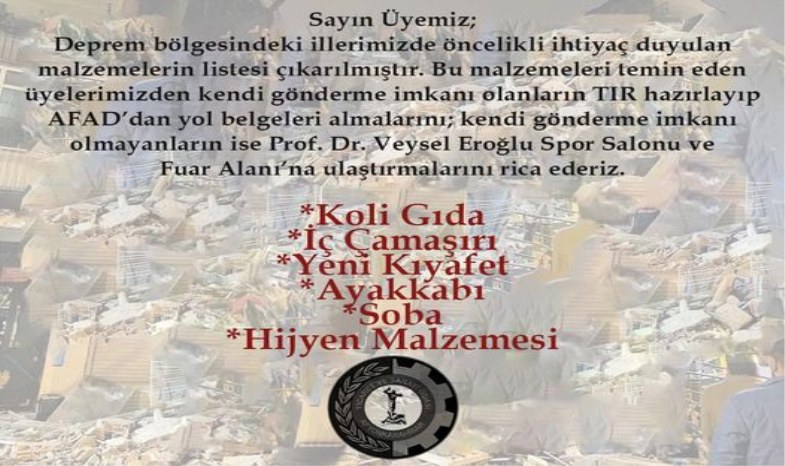 ACİL İHTİYAÇ DUYULAN MALZEME LİSTESİ