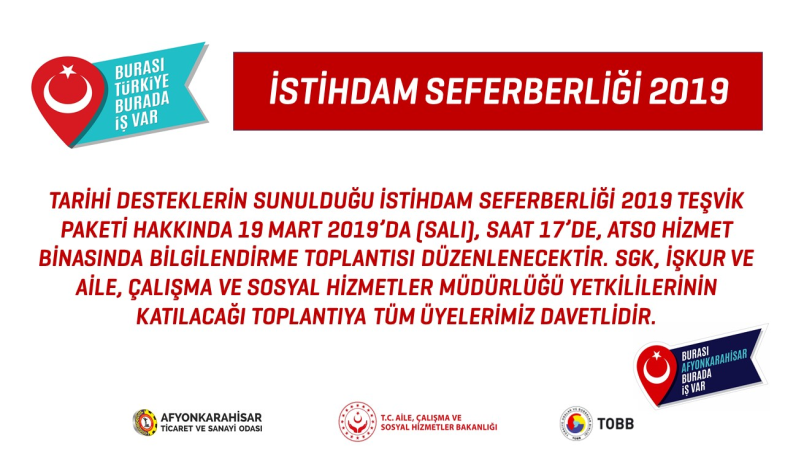 İSTİHDAM SEFERBERLİĞİ 2019 BİLGİLENDİRME TOPLANTISI YAPILACAK