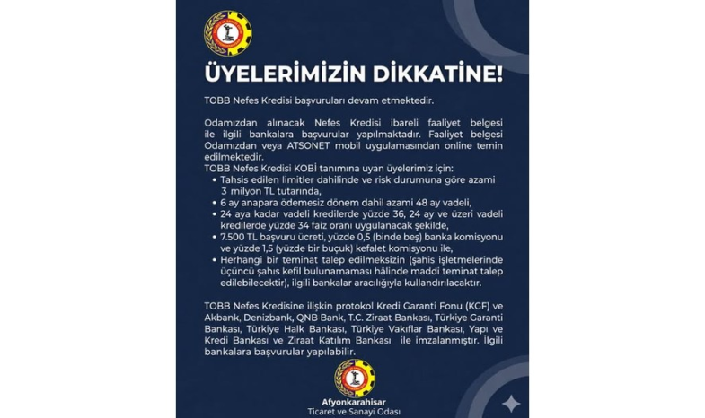 TOBB Nefes Kredisi başvuruları devam etmektedir